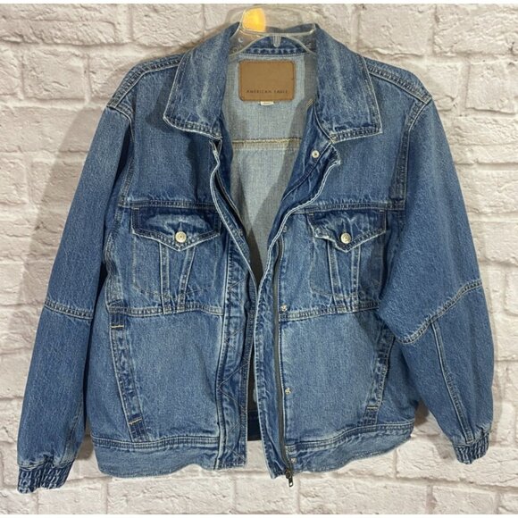 American Eagle Outfitters Denim Bomber Jacket Size Medium Jeans Coat Blue Heavy - Picture 2 of 16